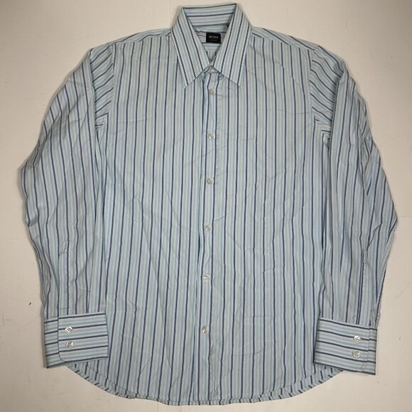 Boss Hugo Boss Dress Shirt Men Striped Blue Button Down Slim Fit 100% Cotton M - Picture 1 of 7